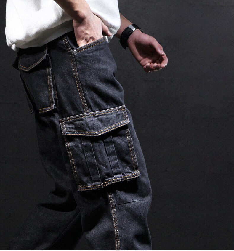 Idopy Men`s Cargo Jeans Hip Hop Street Style Loose Fit Multi Pockets Plus Size Denim Pants Trousers For Hipster 29-42: Black / 30