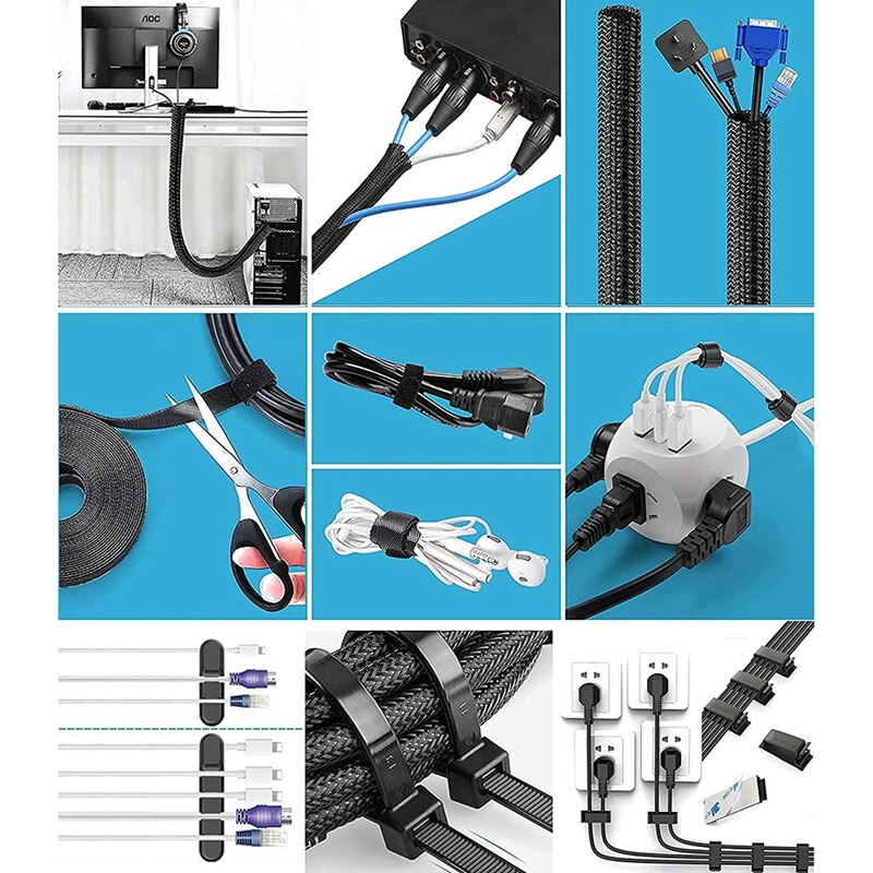 Cable Management Kit, Cable Sleeve,Self Adhesive Base,Large Cable Clips,Silicone Cord Holders,Cable Tidy Organisers