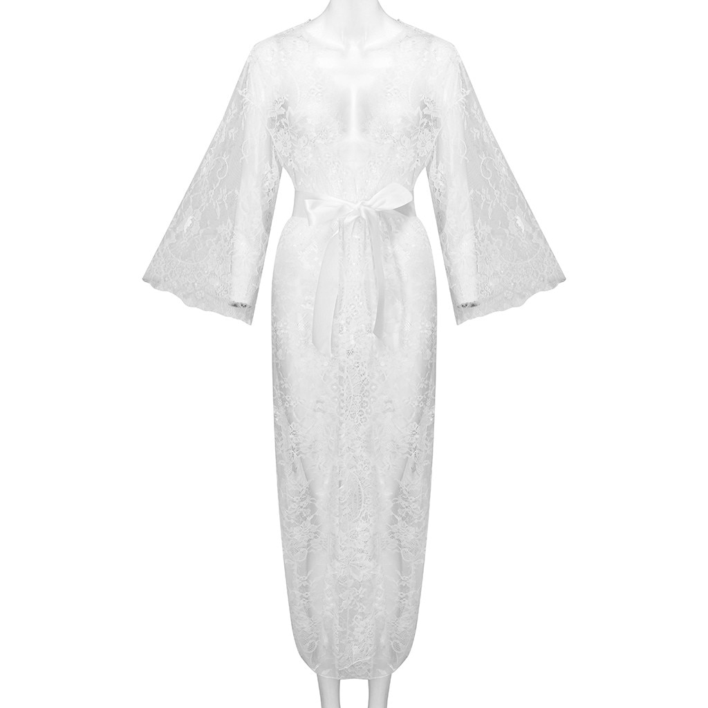 Lace Robe Sexy Nachtkleding Vrouwen See Through Lange Gewaad Nachtkleding Nachtkleding Gown Badjas Nightdres Wit