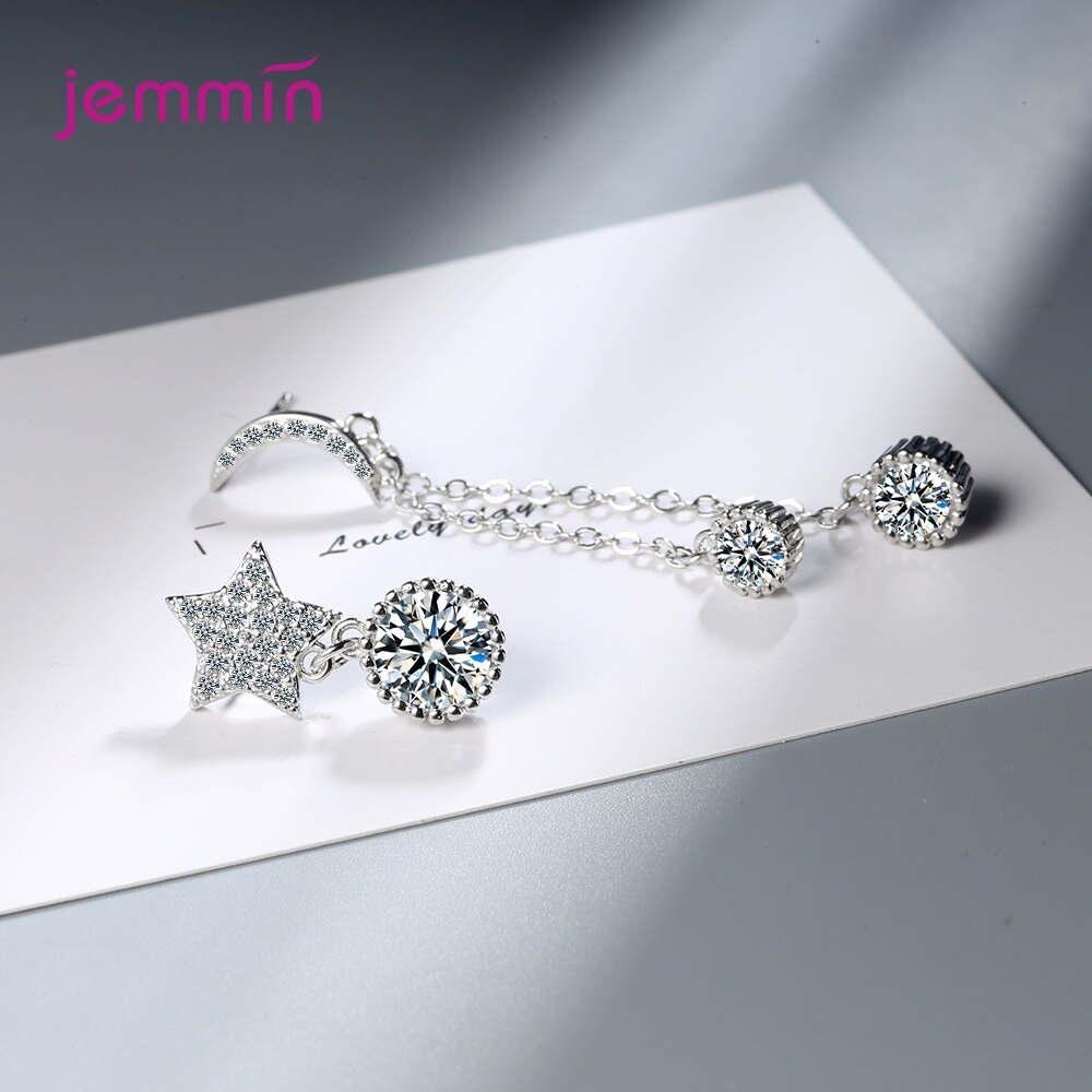 100% 925 Zilveren Oorbellen Voor Vrouwen Asymmetrie Aaa Shiny Cubic Zircon Moon Star Shape Sterling Sieraden Huwelijkscadeau