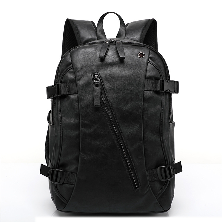 Korean style men's backpack style leather middle school student schoolbag: black
