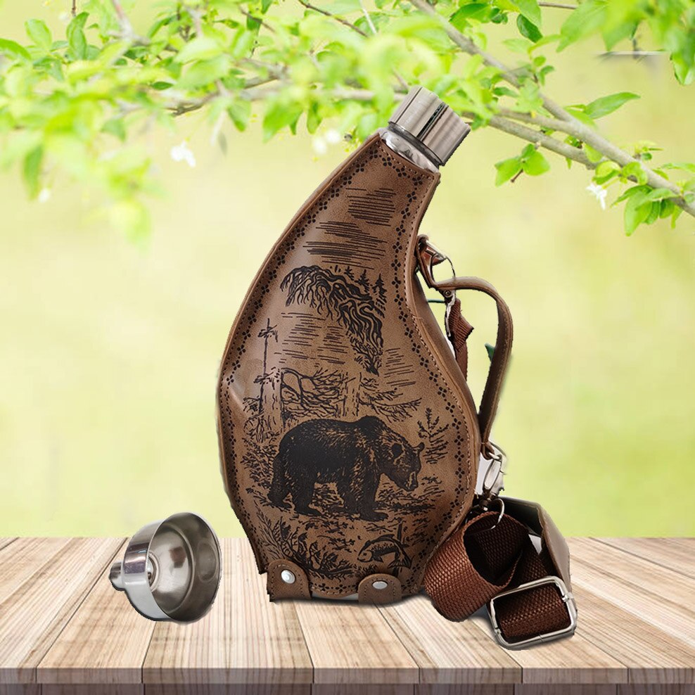 ENERGE SRPING 53oz Stainless Steel Horns Hip Flask Portable Ox Horn Flagon With Leather Case Transfer Funnel Alcohol Flasks