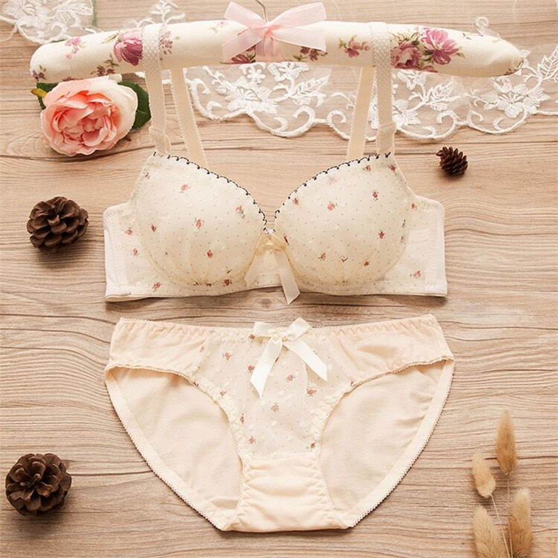 Puberty-Conjunto de ropa interior de algodón con lunares para niñas, sujetador de pecho pequeño, ropa interior para adolescentes: Beige / 12
