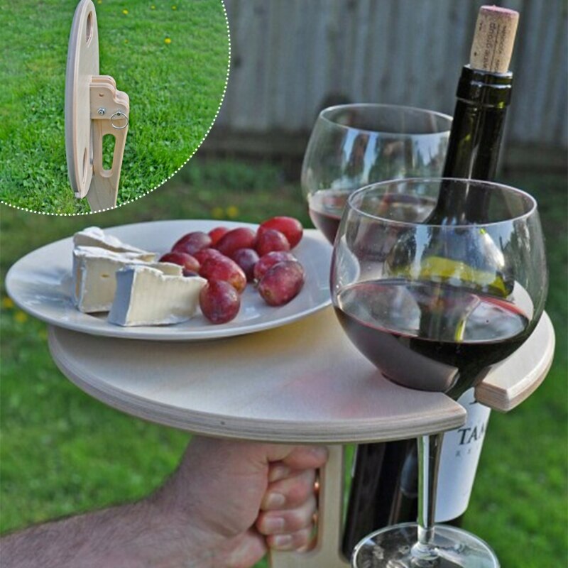 Outdoor Wine Table Foldable Round Desktop Mini Wooden Picnic Table Collapsible Wine Glass Rack Travel Portable