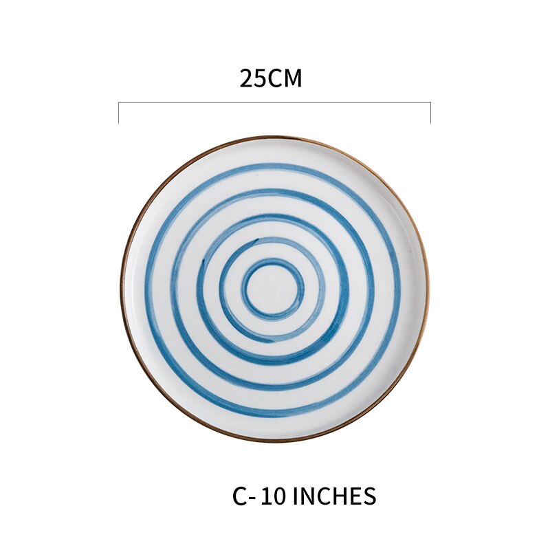 RHE-platos de dibujo a mano de estilo japonés, juego de cerámica, plato redondo para carne, Pizza, utensilios de cocina, vajilla de porcelana para Sushi,: C-10 inch