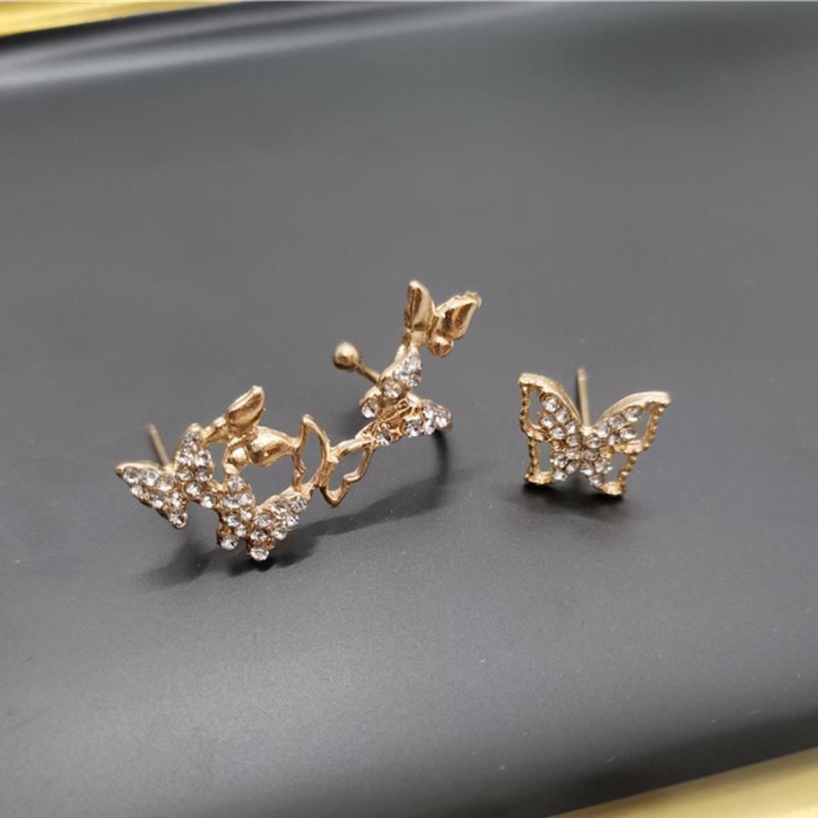1 Paar Volledige Boor Asymmetrische Vlinder Oorbellen Hollow Golden Ferry Vlinder Crystal Ear Bone Clip Voor Vrouwen Sieraden
