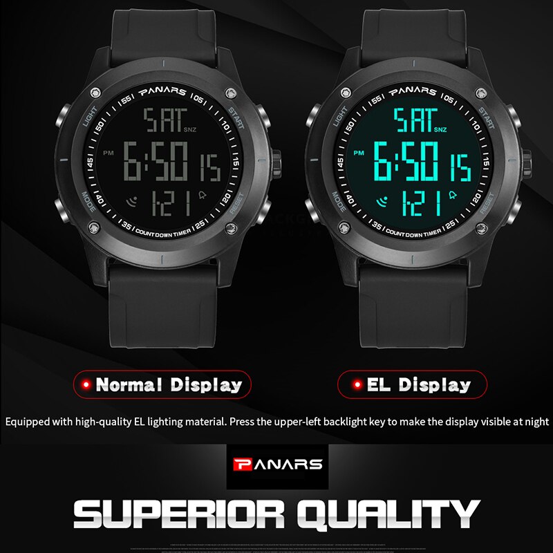 PANARS-montre-bracelet résistante à la plongée pour hommes, numérique, montre de Fitness, grands nombres à double temps, rétro-éclairage LED
