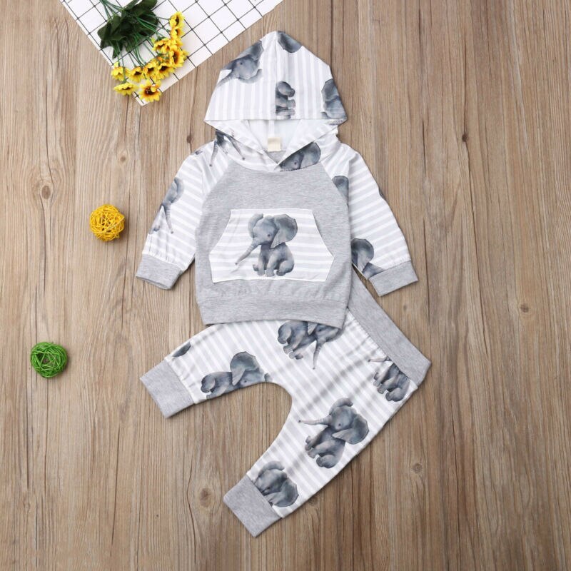 Kinder babyjongen herfstkleding 3d olifant capuchon jassen tops + broeken set van 2