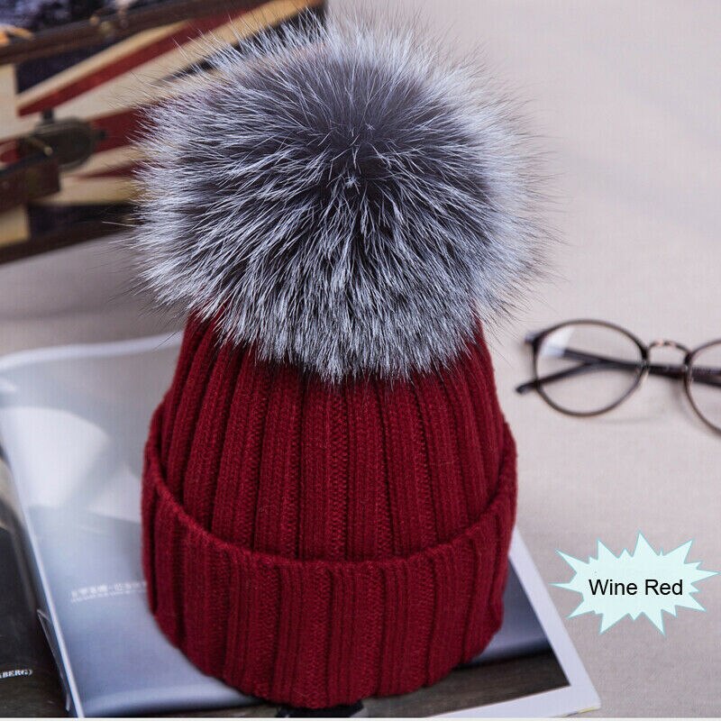Gorro cálido de invierno para mujer, pompón esponjoso, grande, de piel sintética, negro, azul, blanco y rosa: 6