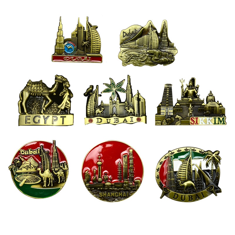 Fridge Magnet Souvenir Metal Craft Decorative Magnets Sticker Dubai Shanghai Egypt Sikkim Architectural Monuments Country Decor