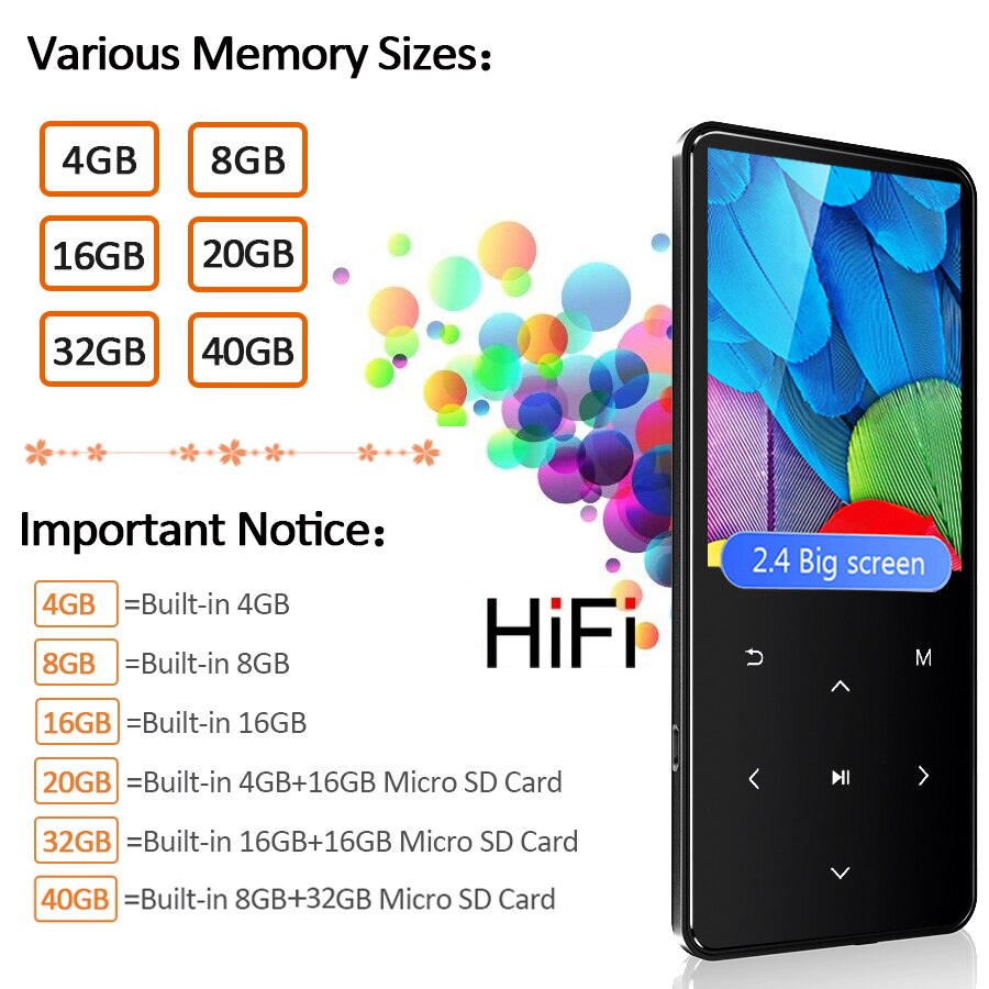 MP3 Player with Bluetooth FM Radio Speaker Headphones Touch Keys 2.4" Screen HiFi Walkman Sport MP 3 Flac Music Player for kids