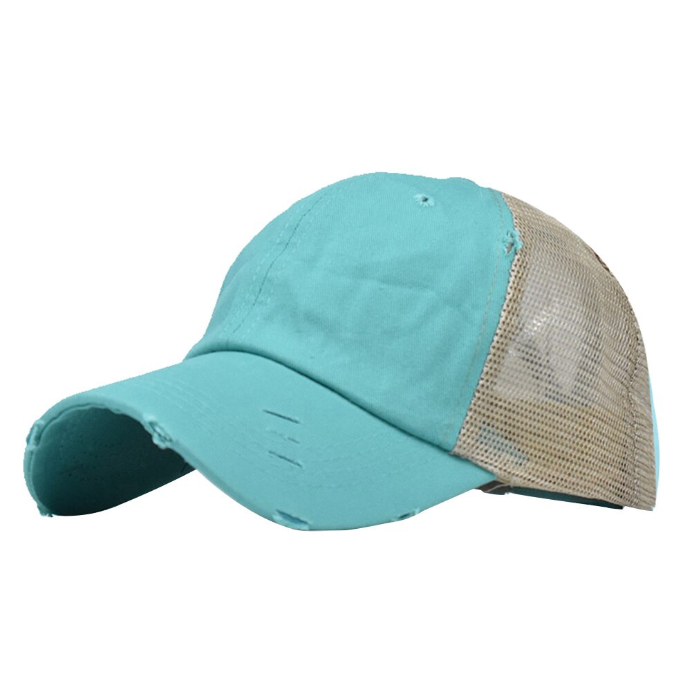 Kvinder flået anti uv mesh hestehale hat justerbar udendørs sport baseball cap justerbar bred ramme hestehale revet baseball cap: Himmelblå