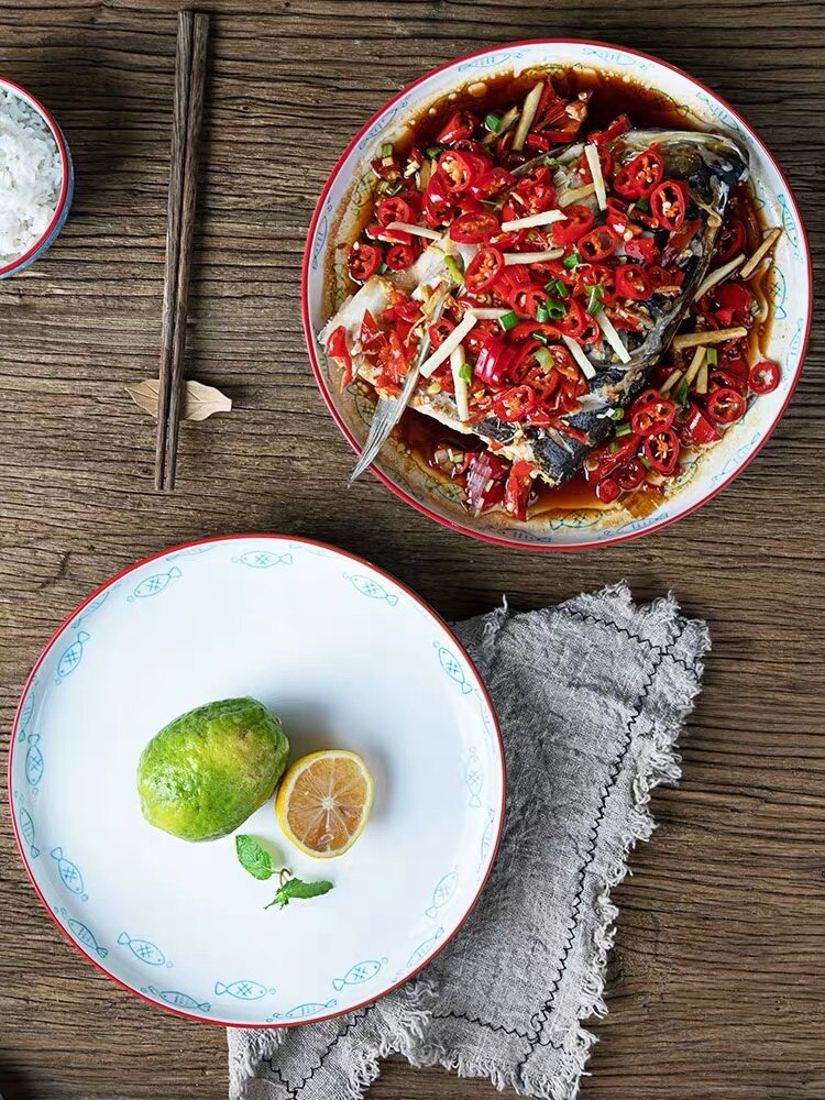 Ceramic Steamed fish plate 8/10/12inch round oval dish with disc clamp heat resisitant procelain tableware dinner set