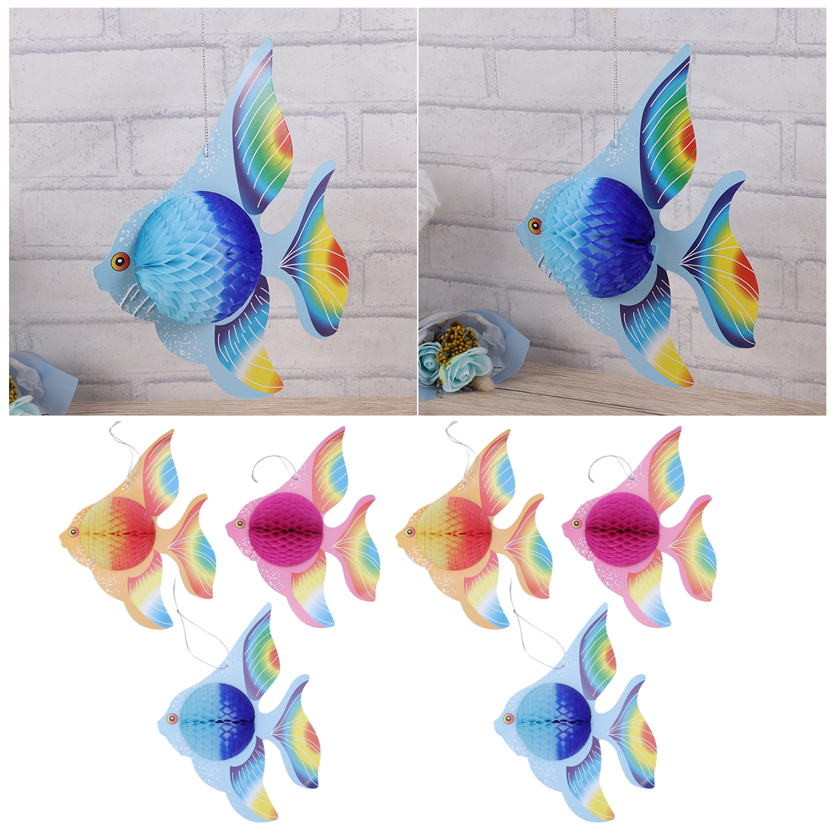 6pcs Colorful Tissue Paper Goldfish Foldable Tropical Fish Decoration Hanging Ornament Party Supplies (Gold + + Blue)
