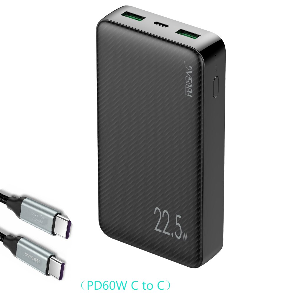FERISING 20000mAh SCP VOOC 5A Power Bank 22.5W USB Type C External Battery Charger Quick Charge QC3.0 4.0 PD Powerbank Mi banks: With C TO C Cable