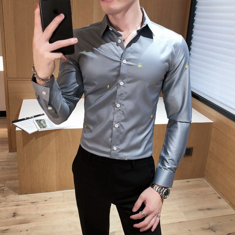 Krone broderi mænd skjorter lange ærmer business formel dress skjorter afslappet slim fit skjorte streetwear camisas para hombre