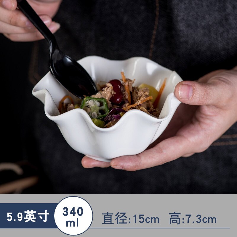 White Ceramic Irregular Salad Bowl Curling Edge Dinner Plates Fruit Kitchen Decor Dishware Platos De Cena: 15x7.3cm