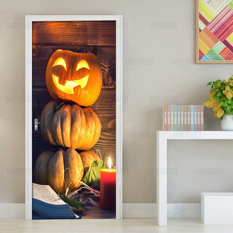 3D Halloween Pumpkin Light Door Sticker Wallpaper PVC Waterproof Self-adhesive Living Room Door Decor Decal Detachable 3D Mural: 77x200cm