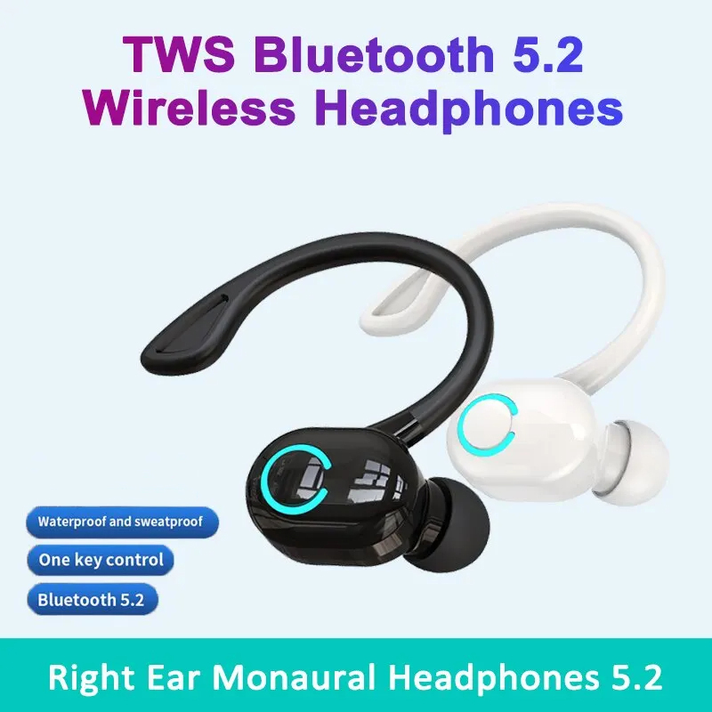 Bluetooth 5.2 Oorhaak Oortelefoon Draadloze hoofdtelefoon Mini Handsfree Waterdichte Sport Muziek Headset Enkele rechter oordopjes met microfoon