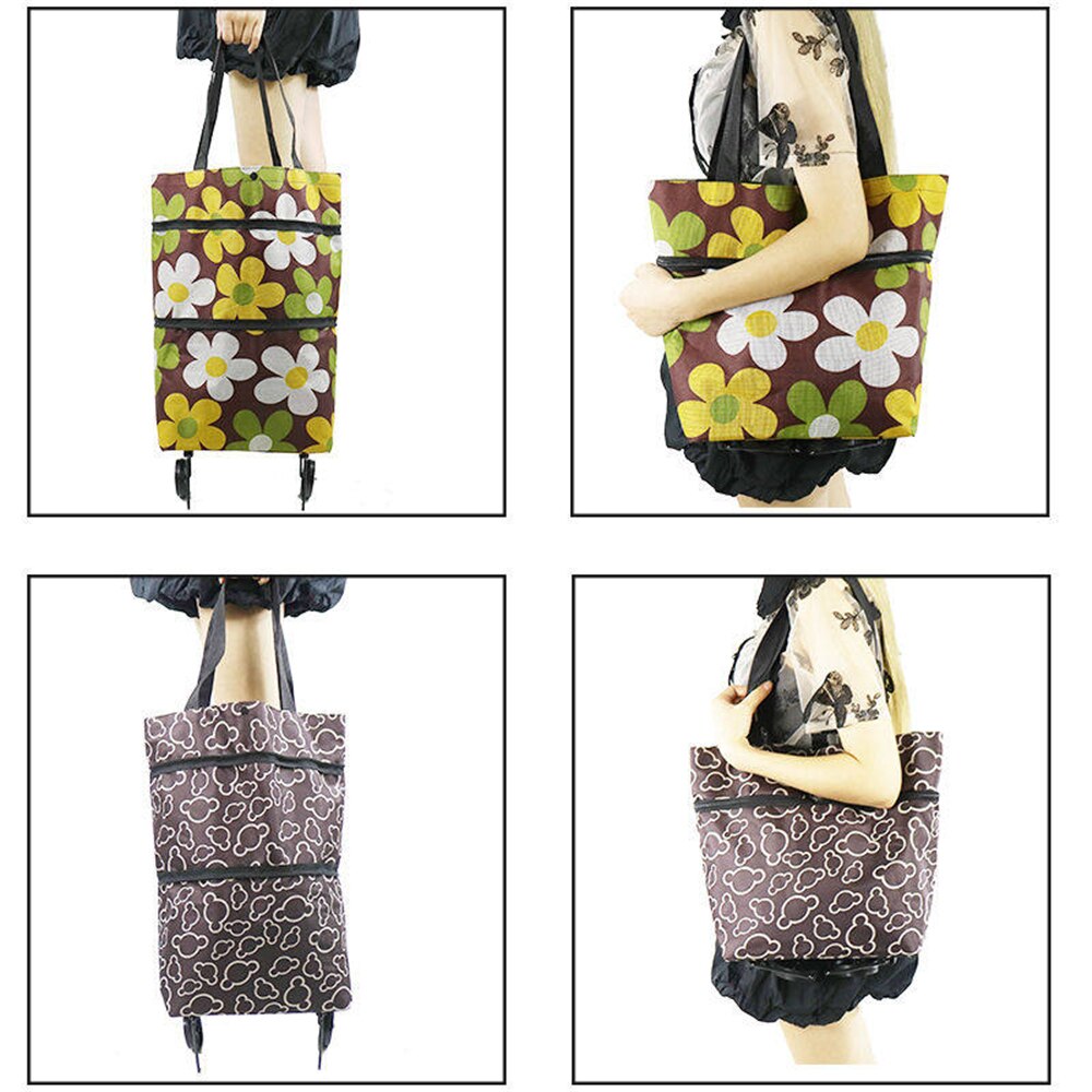 B-LIFE Collapsible Two-stage zipper Trolley Bags Folding Shopping Bag with Wheels Foldable Shopping Cart Reusable Shopping Bags