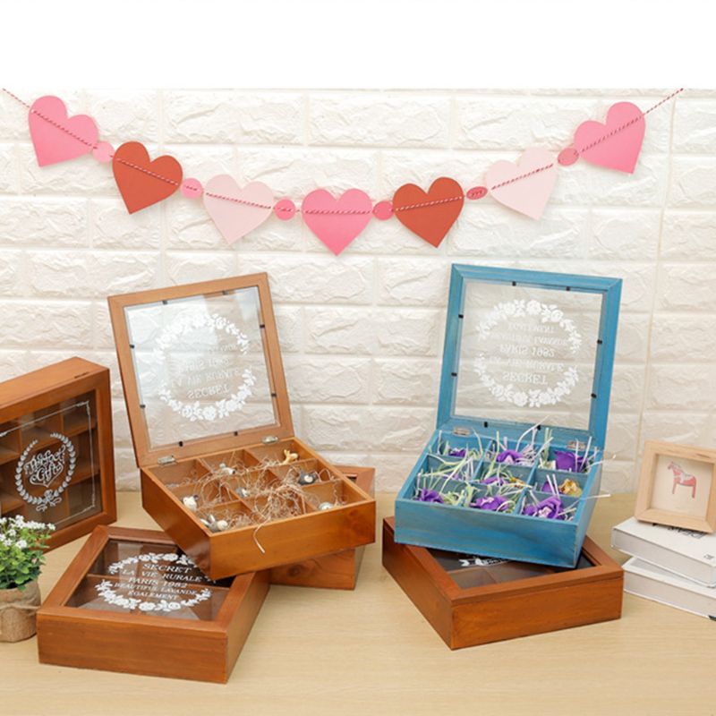 Wooden Retro Old 9 Grid Storage Rose Print Box Succulent Plants Flip Flower Square Acrylic Multi-function Desktop Storage Box