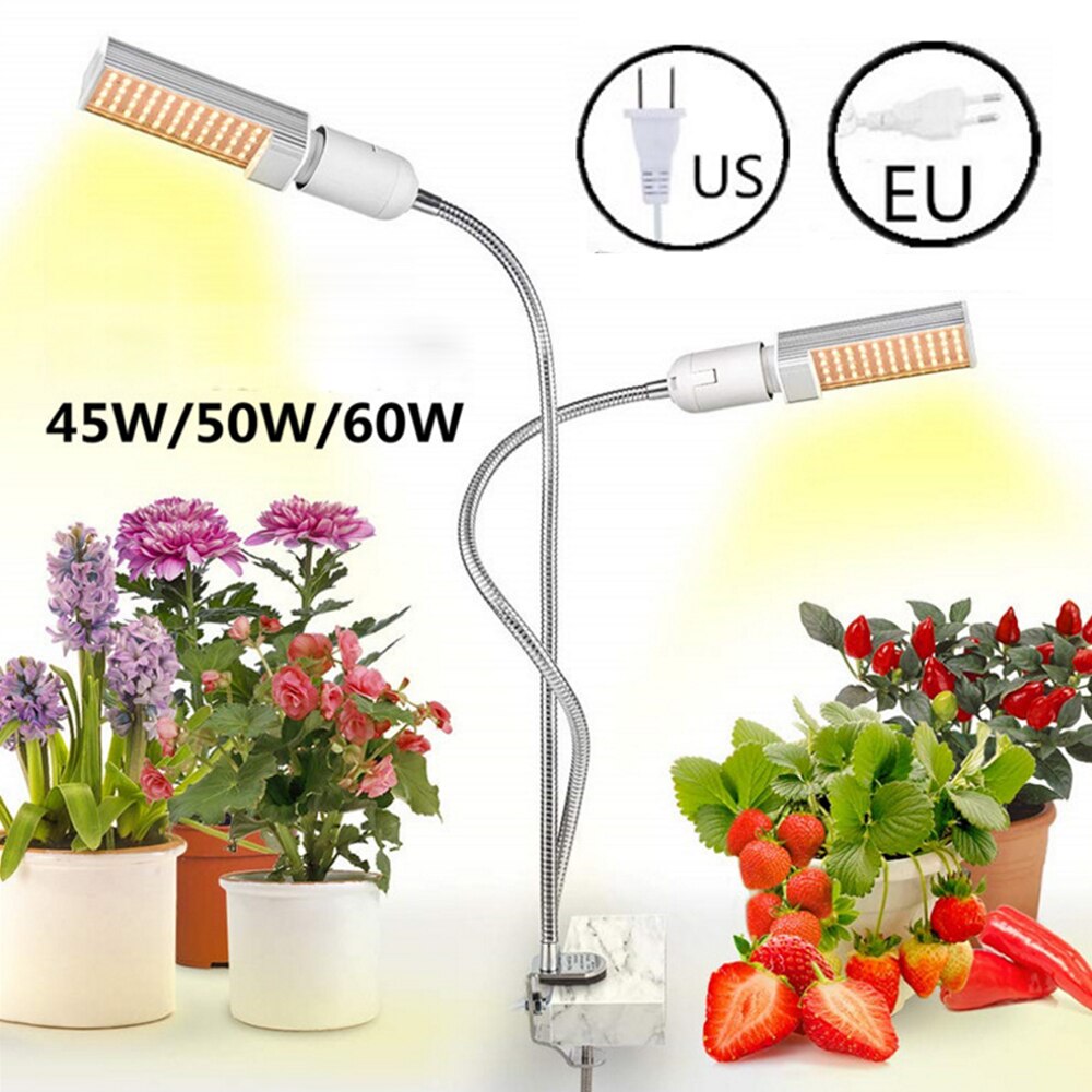 Luces LED para cultivo de plantas, lámpara de espectro completo E27 de doble cabeza Flexible de cuello de cisne para invernadero, Phyto, 45W, 50W, 60W, EU/US