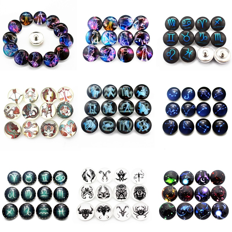 12 stuks/partij glas 12 sterrenbeeld drukknopen 18mm leren sluiting drukknopen armbanden drukknopen sieraden