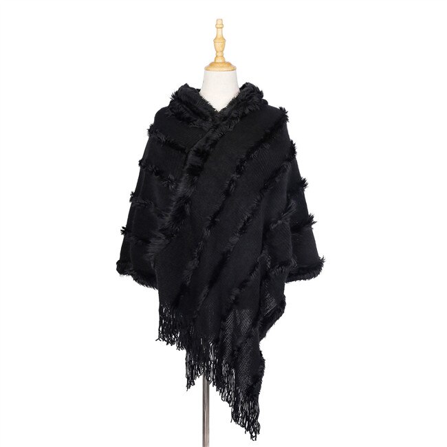 Höststickad poncho dam päls huva ponchos och kepsar vinter utomhuskläder filt kappa femme fleecetröja cardigan plus size: Svart