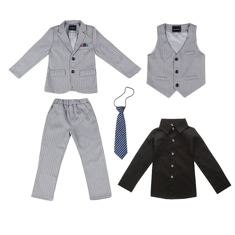 Blazer de talla grande para niños, traje negro y gris, traje Formal de boda, esmoquin para de cumpleaños, conjunto de ropa de caballero, 5 piezas