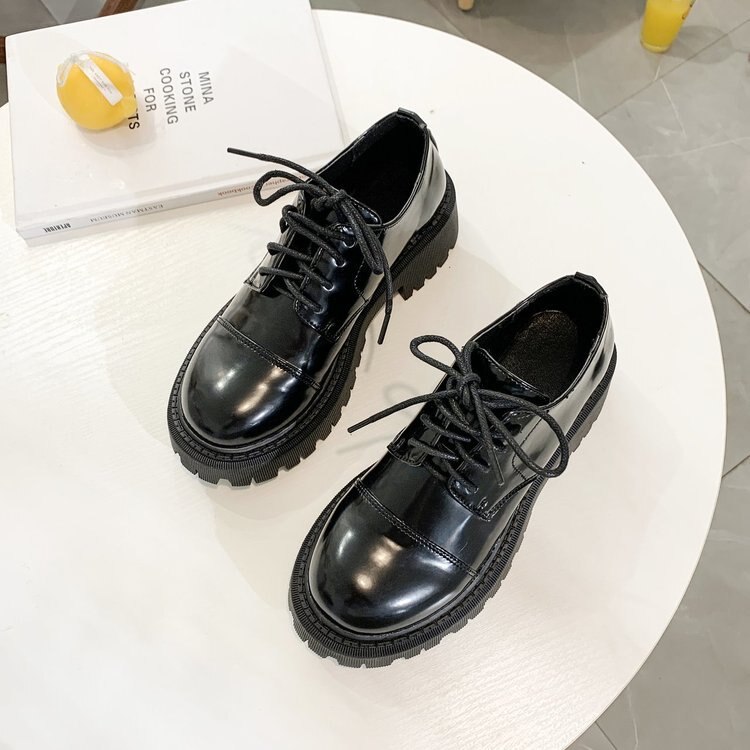 Oxford – chaussures classiques à semelle ronde pour femmes, Brogue noires, plates à lacets, décontractées, à semelle épaisse en Pu, printemps: Black light / 36