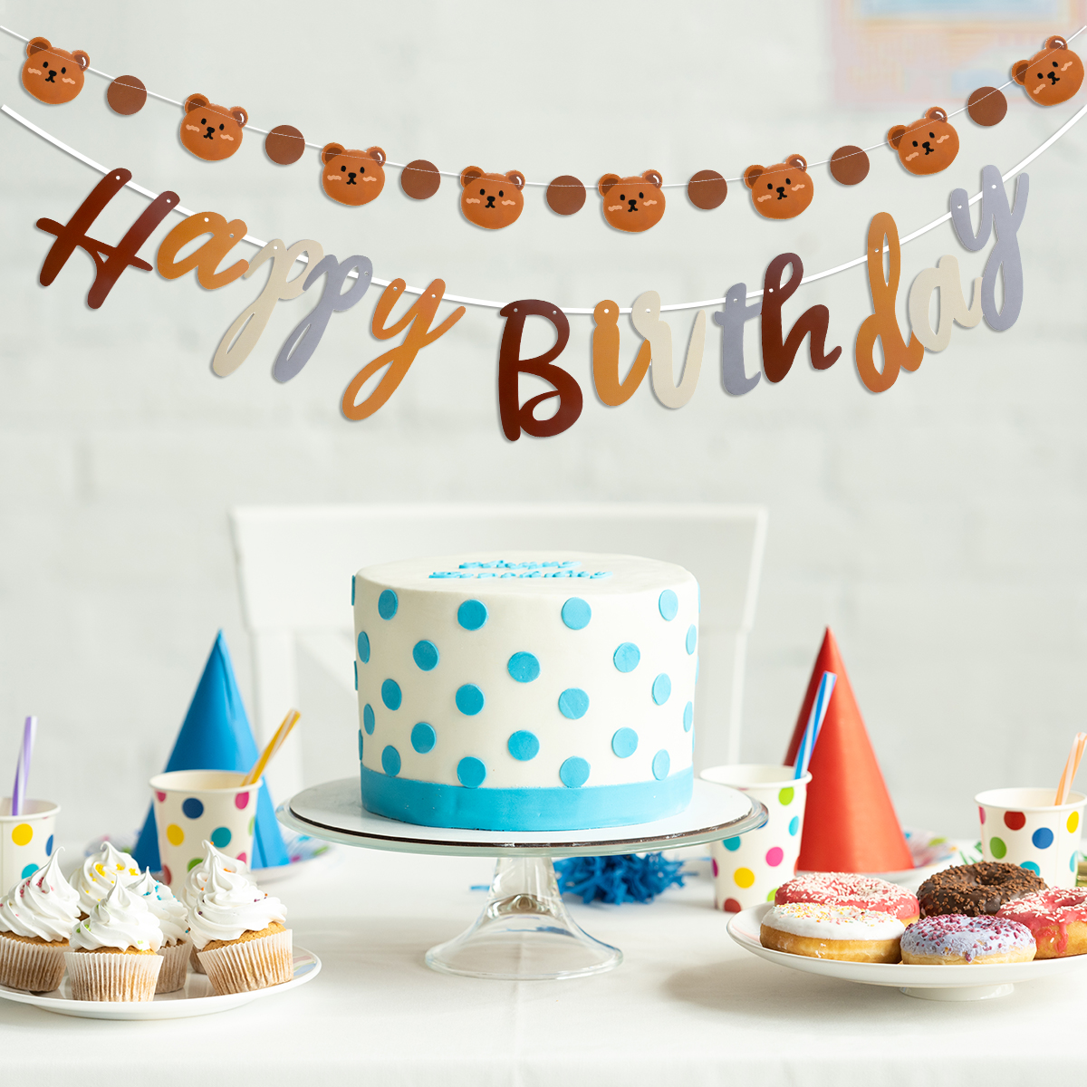 Cute bear Happy Birthday paper Banner Cartoon bear Garland flag wall hanging Bear Themed baby shower kids Birthday Party Decor