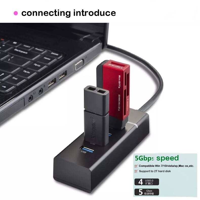 4-Port USB3.0 Hub With LED Light Bar PC/Laptop Docking Station Multi-interface Splitter USB Converter