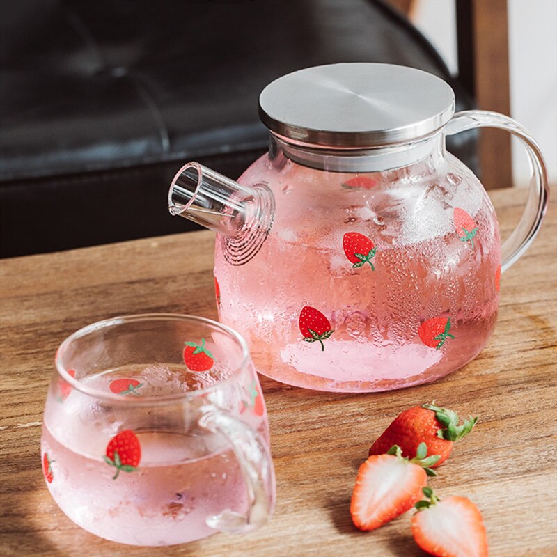 Olla de agua fría de cristal de fresa Kawaii, tetera de zumo de fruta de gran capacidad, tetera de cristal resistente al calor para hervir copas lindas de agua