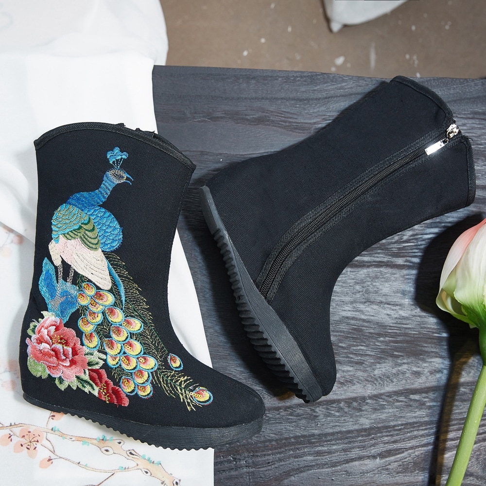 Veowalk Pailletten Pauw Geborduurde Vrouwen Katoen Korte Laarzen Verborgen Wedge Platform Comfortabele Herfst Schoenen Voor Dames