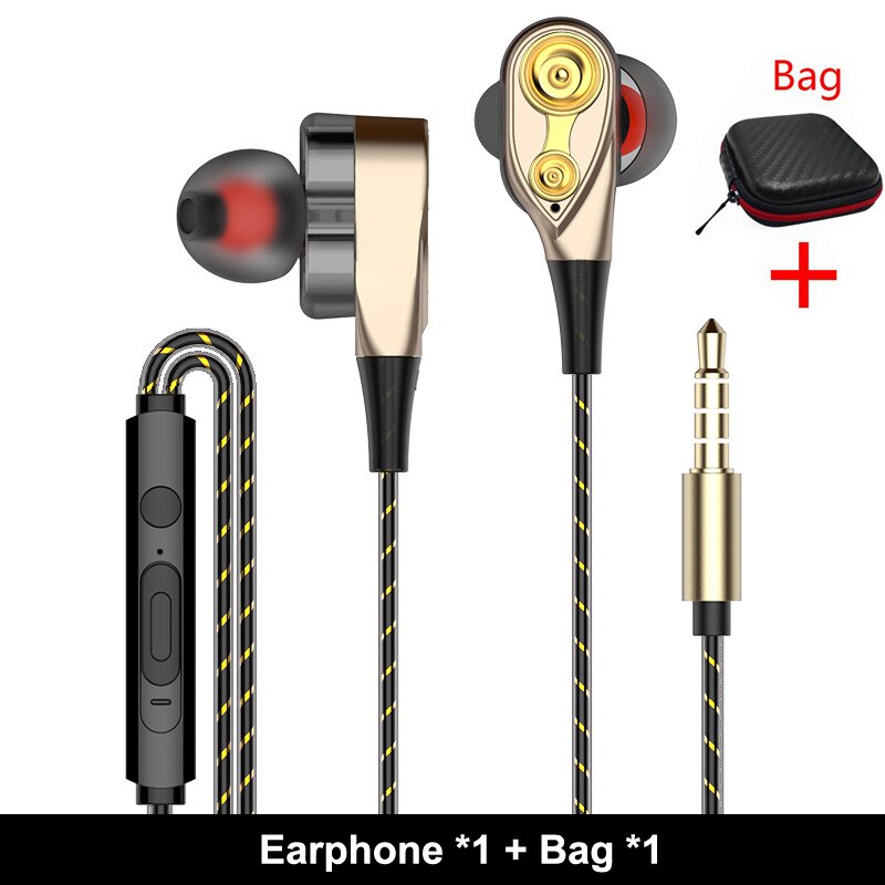Ptm P22 Dubbele Unit Drive Oortelefoon Hoofdtelefoon Super Bass Subwoofer Sport Headset Voor Telefoon Samsung Iphone Xiaomi Auriculares MP3: Gold With Bag