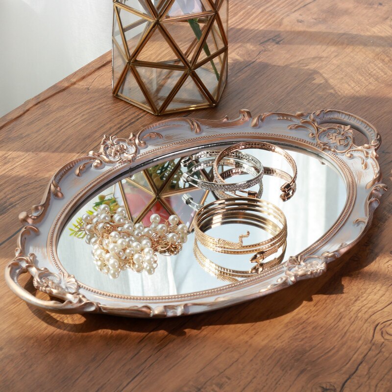 Luksus retro spejl bakke smykker kosmetisk opbevaringsbakke toiletbord kosmetisk opbevaringsbakke udgør plade dekoration hjem