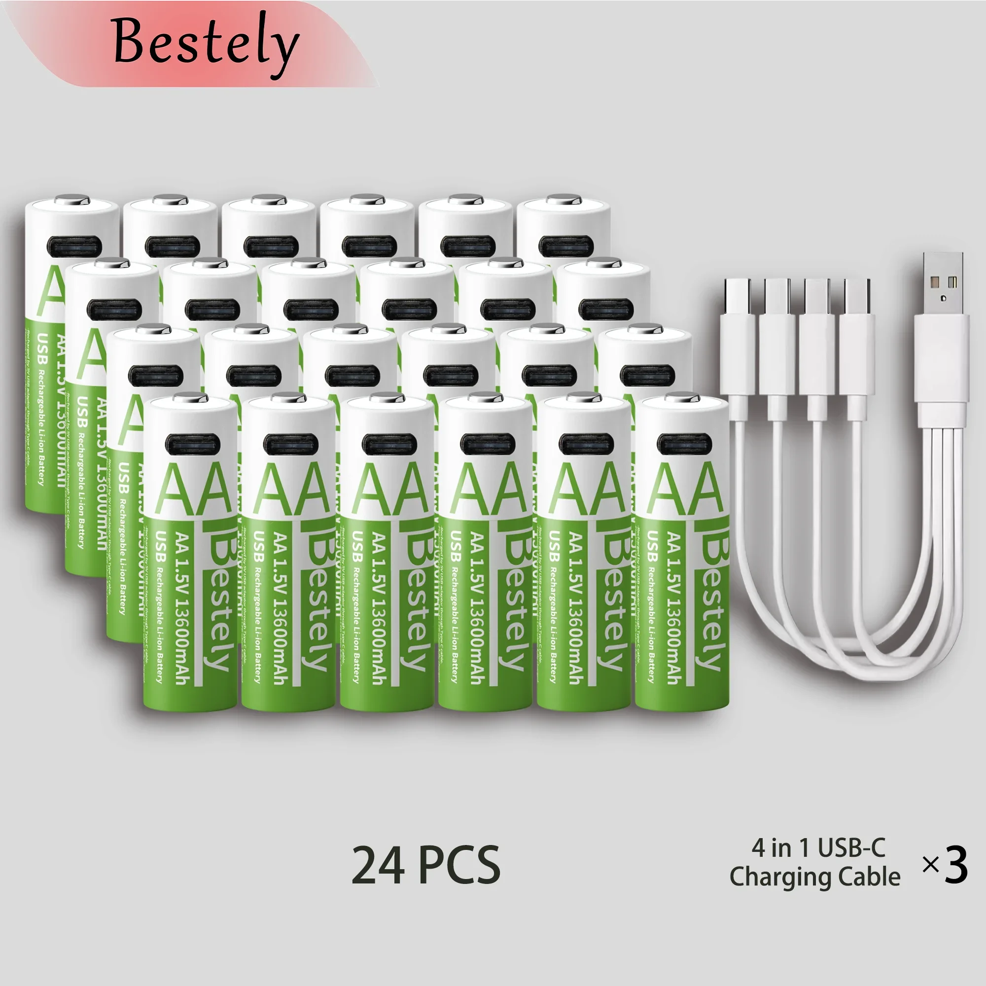 Batterie ricaricabili al litio ad alta capacità AA 1,5 V 13600 mAh Tensione di uscita Alimentatore stabile, cavo di tipo C incluso: Avorio