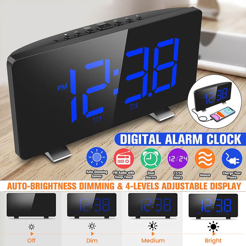 Digital Alarm Clock with FM Radio Dual Alarm 6.7'LED Screen USB Port 4 Brightness 12/24H Automatic Dimmer Snooze Digital Clock
