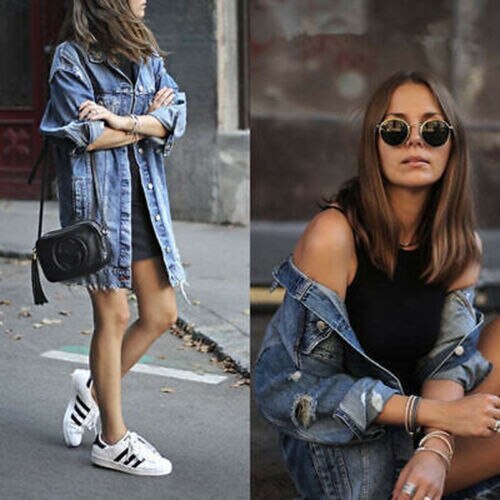 Chaqueta larga para mujer parche Denim rasgado nuevas prendas de vestir agujero Jeans Bule Coat Casual
