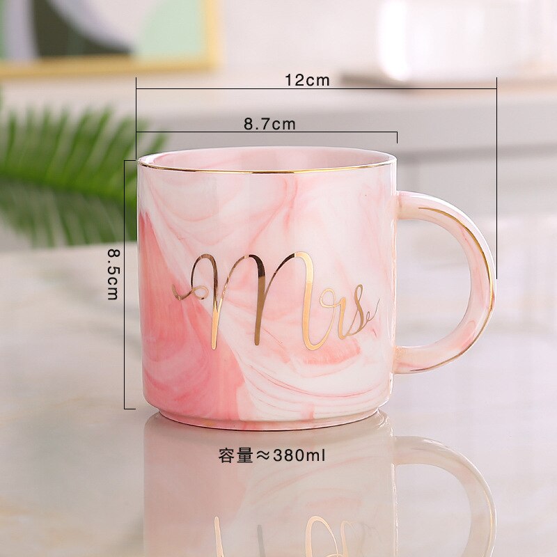Luxe 380 Ml Marmer Keramische Mok Mok Melk Thee Cups Mr En Mrs Mokken Roze Goud Inlay ontbijt Home Decor: F Style