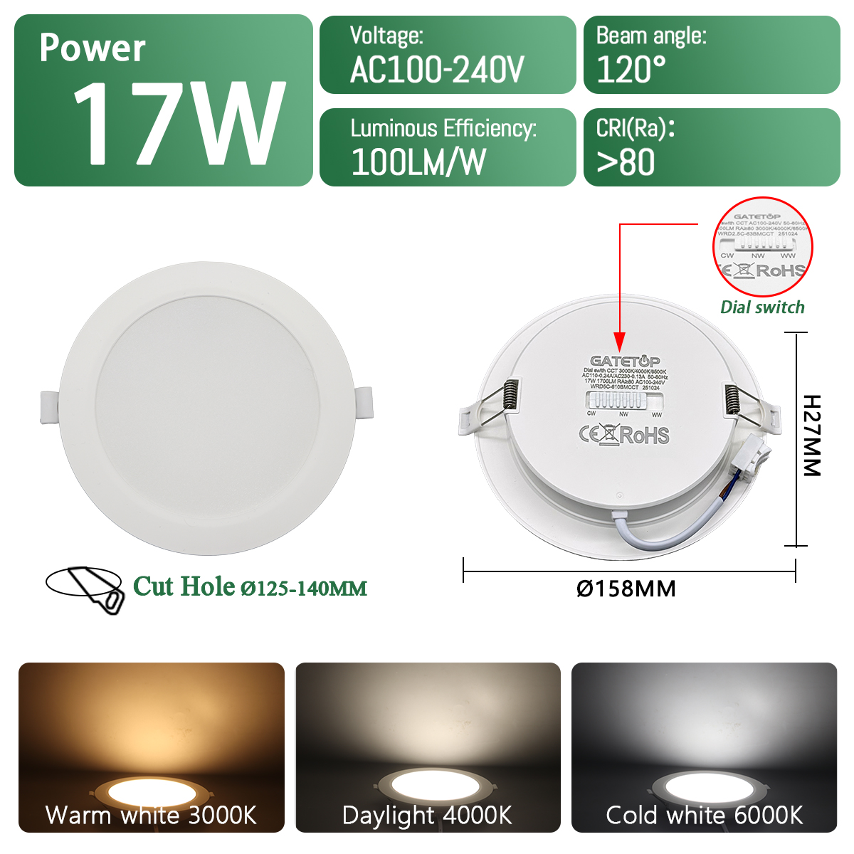 2 uds foco LED empotrable Dial Swich CCT luz de techo ajustada de 3 colores AC 120V 220V 3000K 4000K 6500K iluminación interior: Rosa