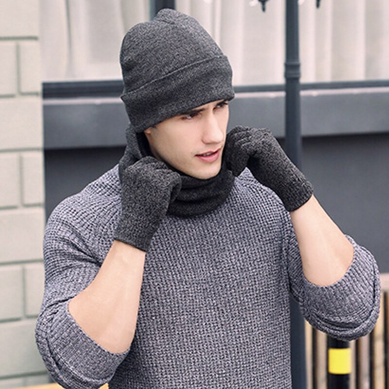 Gorro de invierno cálido + bufanda + guantes táctiles Sn, gorro de punto cálido de invierno térmico Unisex, gorro con cuello, guante para hombres y mujeres: Default Title