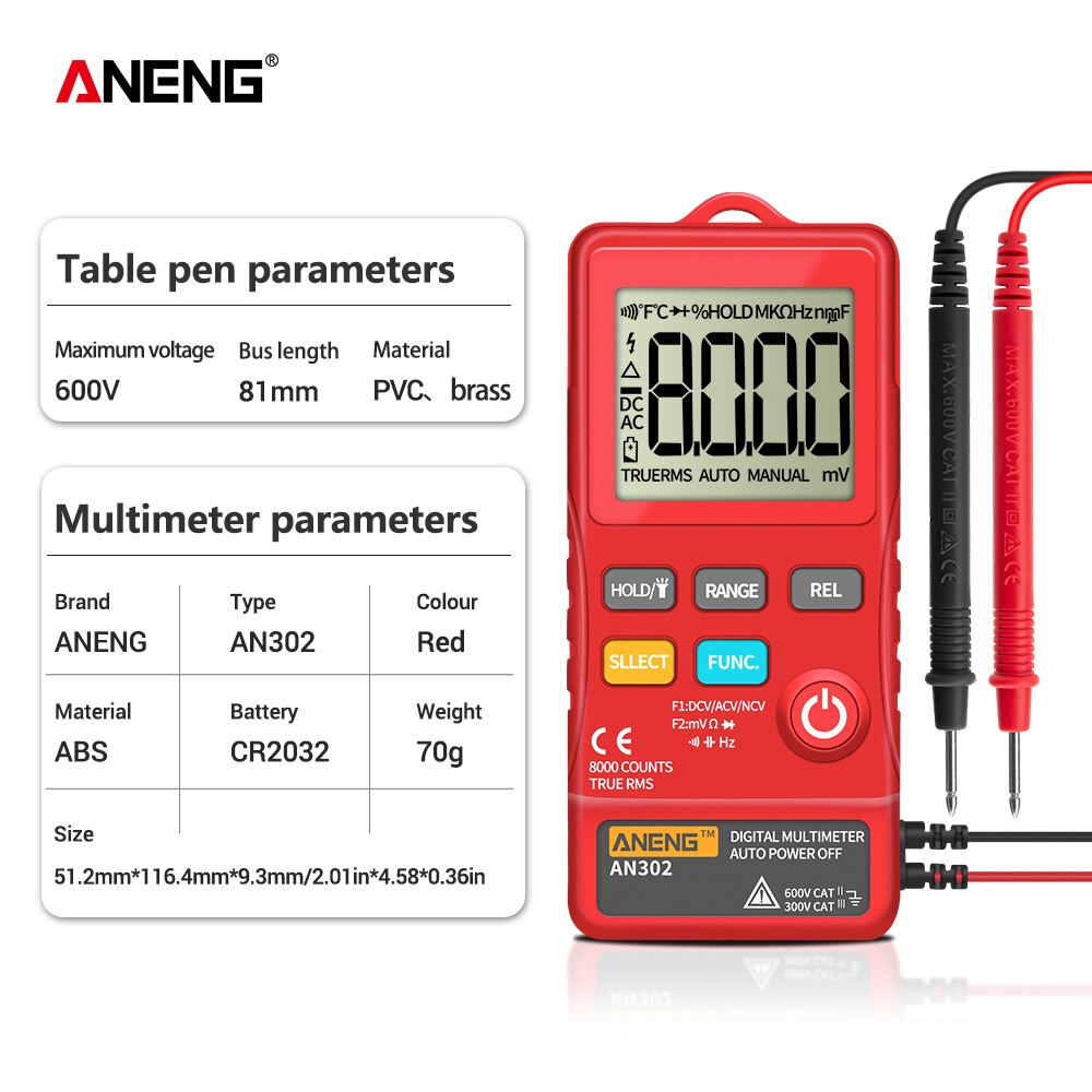 Aneng  an302 true rms digital multimeter tester 8000 teller en multimetro transistor testere bananaligator peak kabel meter