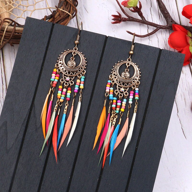 Tribal Etnische Dream Catcher Oorbellen Imitatie Veer Kwastje Overdreven Persoonlijkheid Oorbellen Bohemian Stijl Dames Sieraden