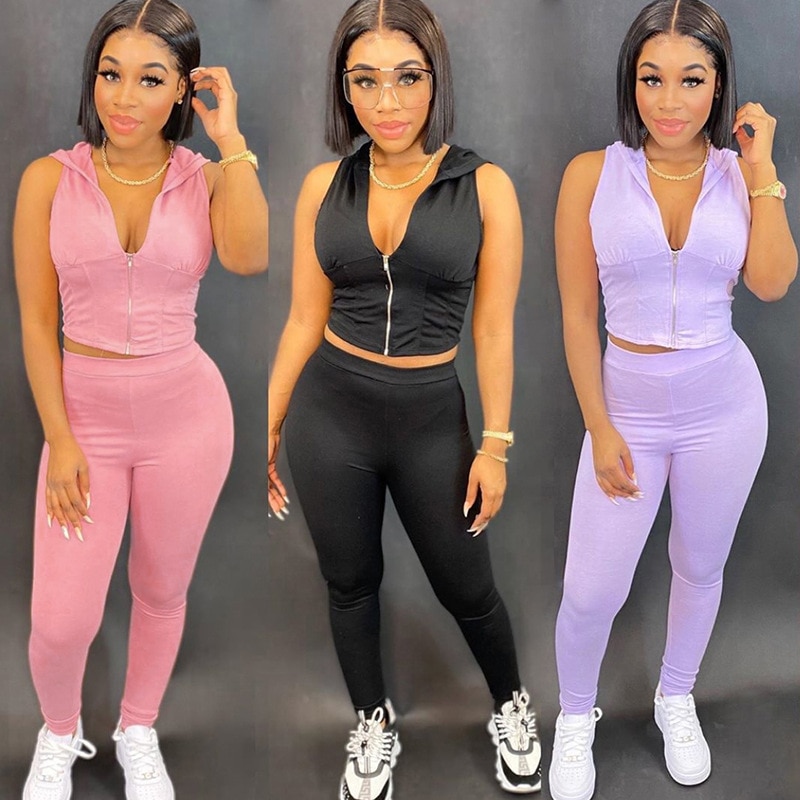 Summer Women&#39;s Hooded Jogging Suits Zipper Deep V Casual Sports Suit Workout Running Sets for Women Gym Clothing