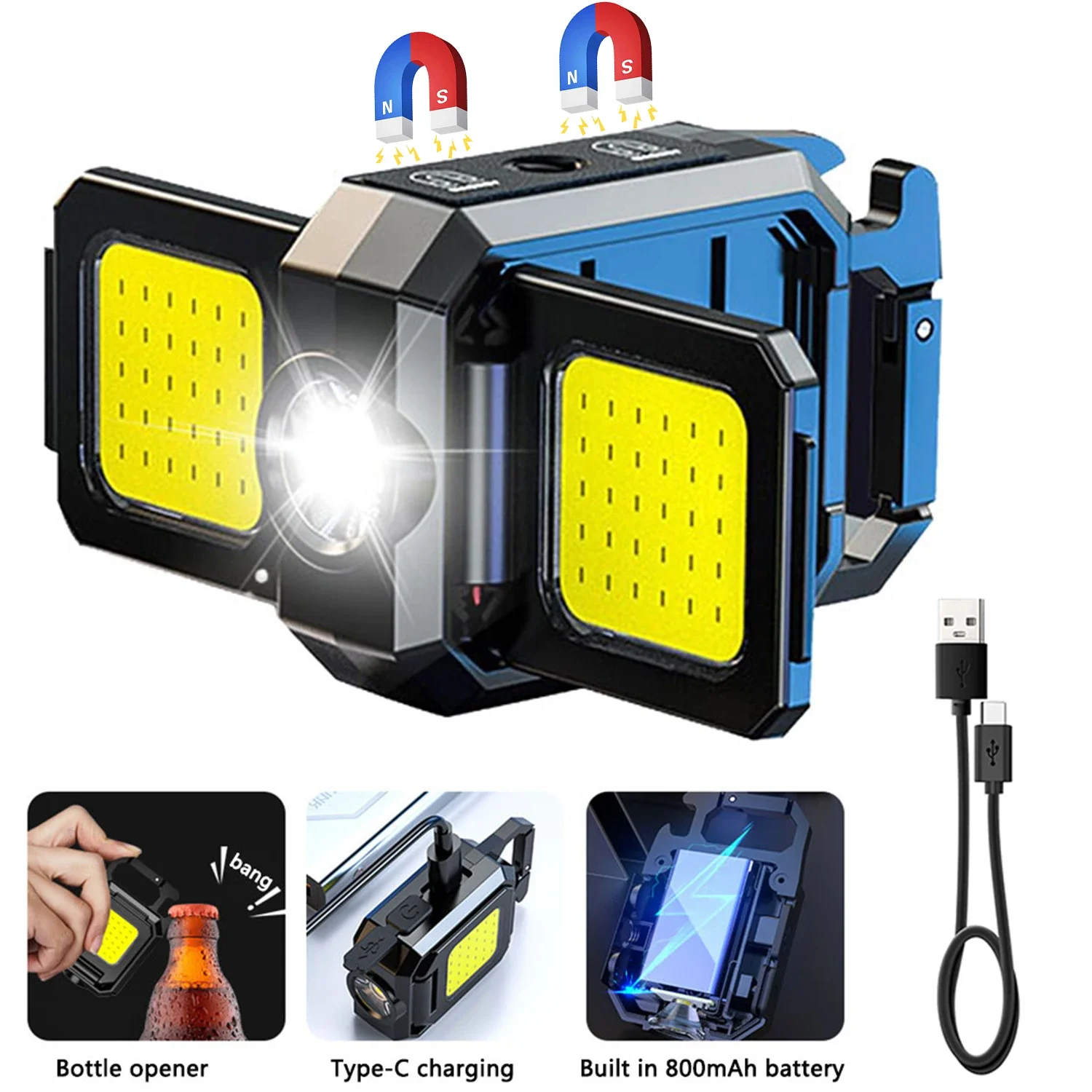 Mini-zaklamp sleutelhangerlicht COB-werklamp USB oplaadbare lamp met 90 ° Opvouwbare zijlichten Superheldere draagbare lantaarns: Blauw