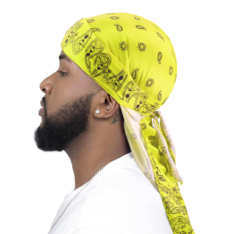 Men's Silky Durags African Print Headwrap for Women Long Tail Pirate Hat Biker Hear Wear Bandanas Turban Hair Accessories: Yellow