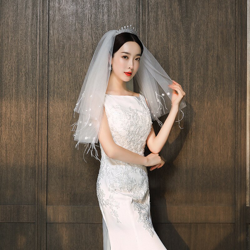Bridal Veil Wedding Dress Waist Mid-Length Veil Double-Layer Feather Veil G2005