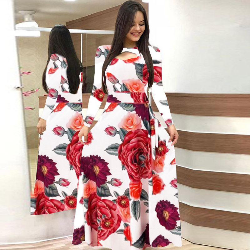 Kvinders efterårsprint langærmede slim fit vestido rund hals blomster hule maxikjoler roupas mujer 5xl: S / Beige