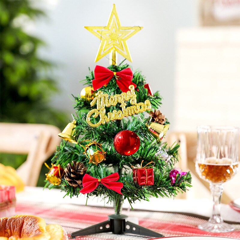 Mini Kerstboom Met Verlichting Kleine Accessoires Bow Bells Pine Cone Kerst Desktop Jaar Decoraties